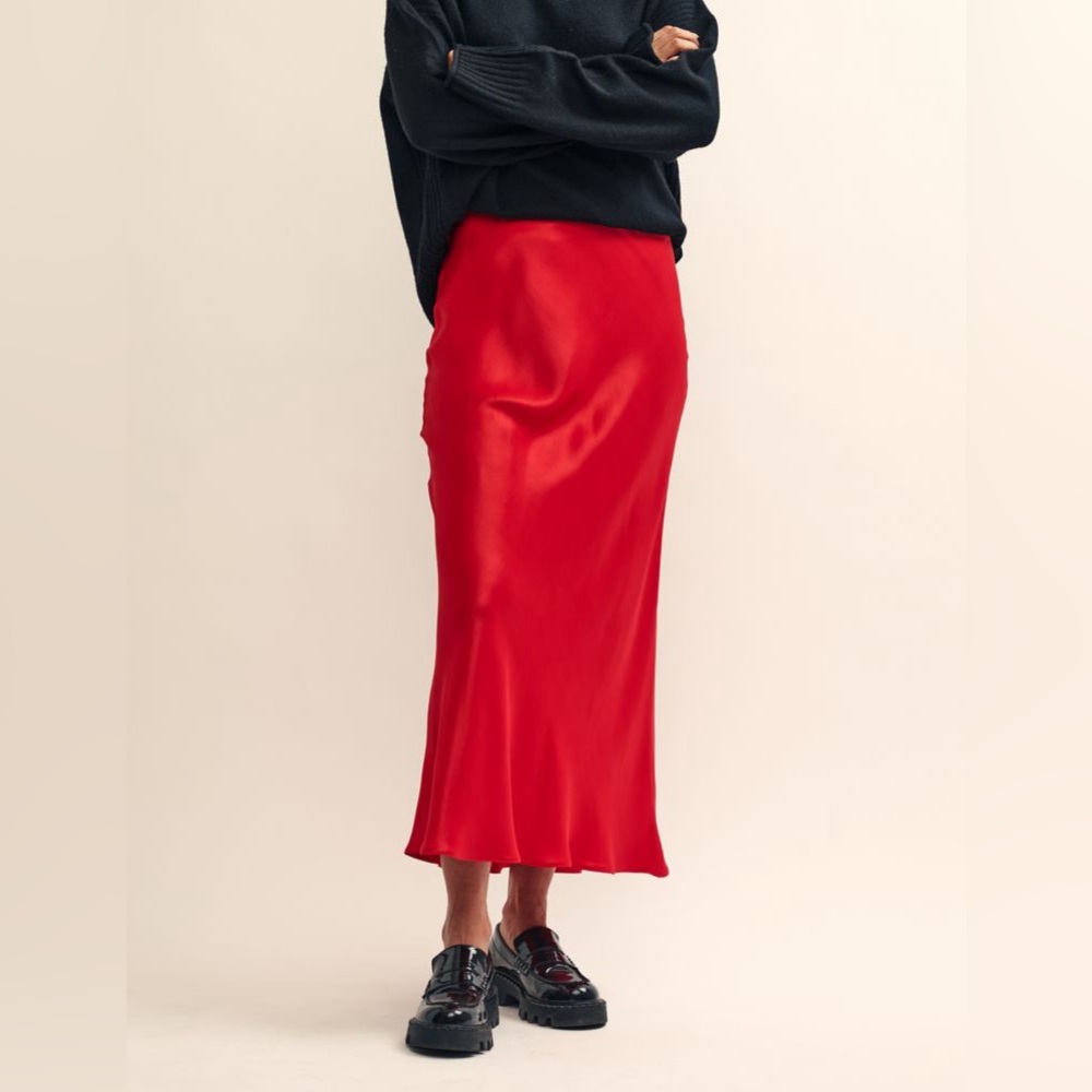 Red Satin Midi Skirt